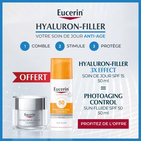 EUCERIN HYALURON-FILLER +3X EFFECT. SOIN DE JOUR SPF 15 ACHETE + PHOTOAGING CONTROL FLUIDE OFFERT