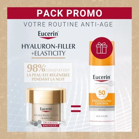 EUCERIN HYALURON-FILLER +ELASTICITY SOIN DE NUIT 50ML ACHETE +EUCERIN SUN FLUIDE ANTI-ÂGE SPF 50+ - 50ML OFFERT