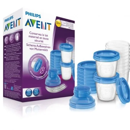 AVENT SYSTEME DE CONSERVATION DU LAIT MATERNEL VIA 10 POTS 180ML, 10 COUVERCLES ET 2 ADAPTEURS
