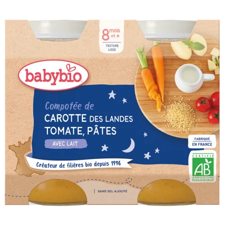 BABYBIO COMPOTÉE DE CAROTTE DES LANDES TOMATE PÂTES 2X200G