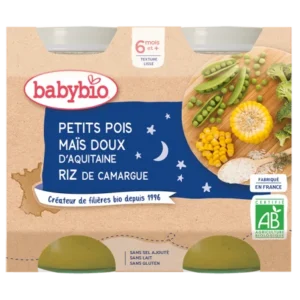 BABYBIO PETITS POIS MAÏS DOUX D’AQUITAINE RIZ DE CAMARGUE 2X200G
