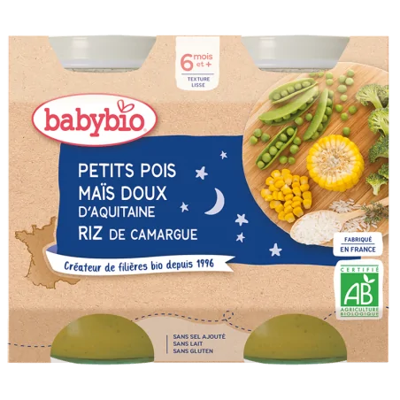 BABYBIO PETITS POIS MAÏS DOUX D’AQUITAINE RIZ DE CAMARGUE 2X200G