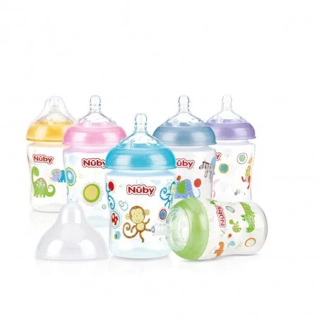 NÛBY BIBERON EN POLYCARBONATE COL LARGE 270ML IMPRIMÉ AVEC TÉTINE SILICONE SOFTFLEX À DEBIT LENT +0MOIS RÉF : ID1192